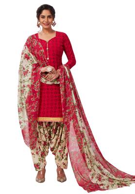 Women's Coral Pink & Beige Cotton Printed Readymade Patiyala Suit Set 1