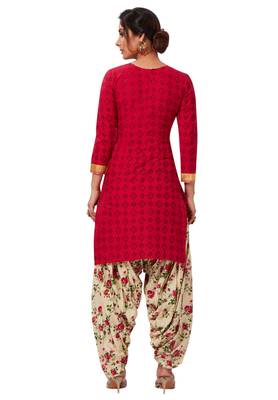 Women's Coral Pink & Beige Cotton Printed Readymade Patiyala Suit Set 2