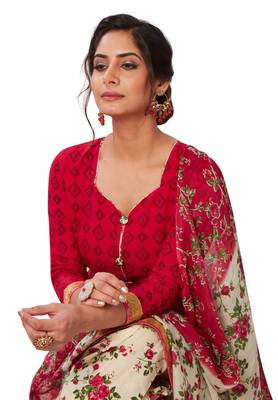 Women's Coral Pink & Beige Cotton Printed Readymade Patiyala Suit Set 4