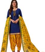 Women's Blue & Yellow Cotton Printed Readymade Patiyala Suit Set