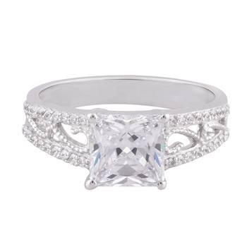 Cubic Zirconia Rhodium Plated Women Solitaire With Accent Ring 1