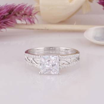 Cubic Zirconia Rhodium Plated Women Solitaire With Accent Ring 4