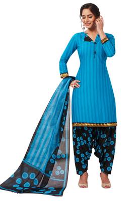Women's Blue & Black Cotton Printed Readymade Patiyala Suit Set 1