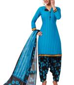Women's Blue & Black Cotton Printed Readymade Patiyala Suit Set