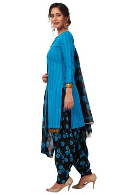 Women's Blue & Black Cotton Printed Readymade Patiyala Suit Set 3