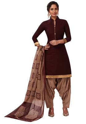 Women's Brown & Beige Cotton Printed Readymade Patiyala Suit Set 1
