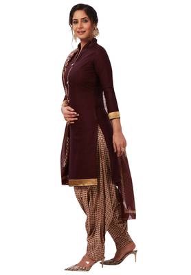 Women's Brown & Beige Cotton Printed Readymade Patiyala Suit Set 3