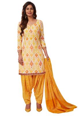 Women's Yellow & White Cotton Printed Readymade Patiyala Suit Set 1