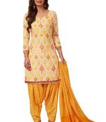 Women's Yellow & White Cotton Printed Readymade Patiyala Suit Set