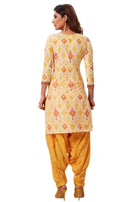 Women's Yellow & White Cotton Printed Readymade Patiyala Suit Set 2