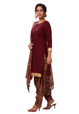 Women's Brown & Beige Cotton Printed Readymade Patiyala Suit Set 3