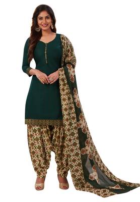 Women's Bottle Green & Beige Cotton Printed Readymade Patiyala Suit Set 1