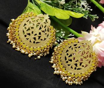 Ethnic Indian Bollywood Chandbali Yellow Pearl Kundan Earrings Set 1