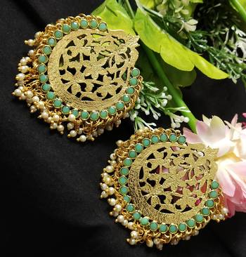 Ethnic Indian Bollywood Chandbali Mint Green Pearl Kundan Earrings Set 1
