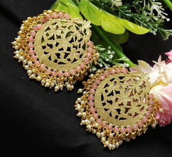 Ethnic Indian Bollywood Chandbali Pink Pearl Kundan Earrings Set 1