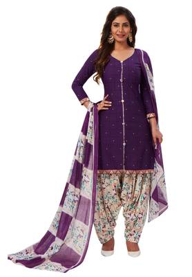 Women's Purple & Off White Cotton Printed Readymade Patiyala Suit Set 1