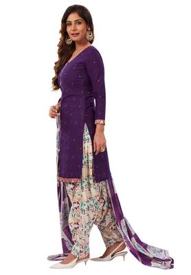 Women's Purple & Off White Cotton Printed Readymade Patiyala Suit Set 3