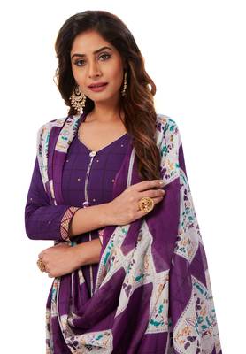 Women's Purple & Off White Cotton Printed Readymade Patiyala Suit Set 4