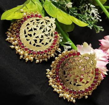 Ethnic Indian Bollywood Chandbali Ruby Pink Pearl Kundan Earrings Set 1