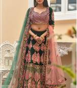 Green Embroidered

 Velvet Semi Stitched Lehenga