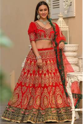 Red Embroidered

 Velvet Semi Stitched Lehenga 1
