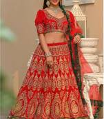 Red Embroidered

 Velvet Semi Stitched Lehenga