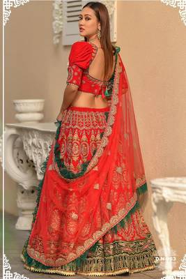 Red Embroidered

 Velvet Semi Stitched Lehenga 2