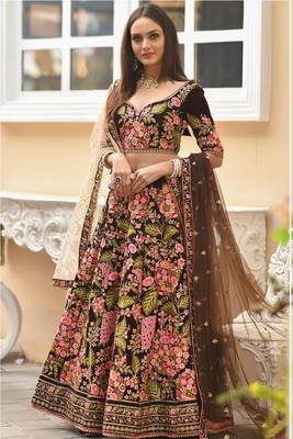 Brown Embroidered
 Velvet Semi Stitched Lehenga 1