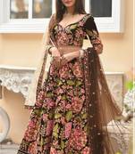 Brown Embroidered
 Velvet Semi Stitched Lehenga