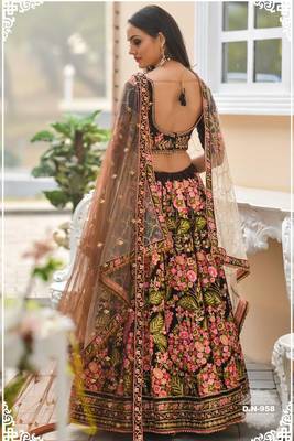 Brown Embroidered
 Velvet Semi Stitched Lehenga 2