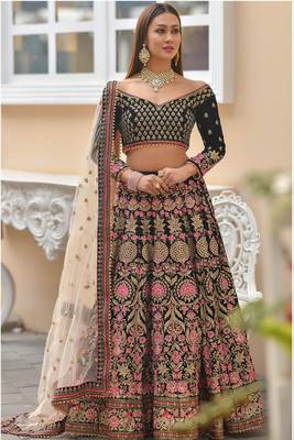 Navy Blue Embroidered
 Velvet Semi Stitched Lehenga 1