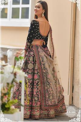 Navy Blue Embroidered
 Velvet Semi Stitched Lehenga 2