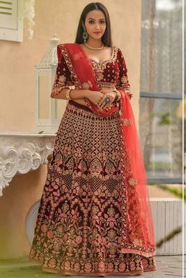 Maroon Embroidered
 Velvet Semi Stitched Lehenga 1