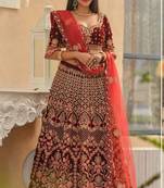 Maroon Embroidered
 Velvet Semi Stitched Lehenga