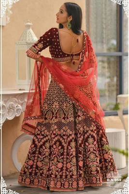 Maroon Embroidered
 Velvet Semi Stitched Lehenga 2