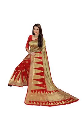 Red Woven Cotton Silk Saree With Blouse 4