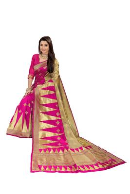 Pink Woven Cotton Silk Saree With Blouse 4