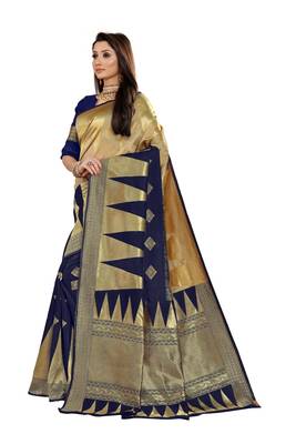 Navy Blue Woven Cotton Silk Saree With Blouse 2