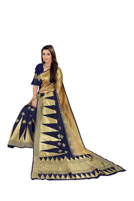 Navy Blue Woven Cotton Silk Saree With Blouse 4