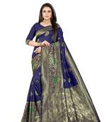 Navy Blue Woven Cotton Silk Saree With Blouse