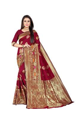 Maroon Woven Cotton Silk Saree With Blouse 1