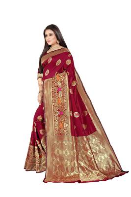 Maroon Woven Cotton Silk Saree With Blouse 2