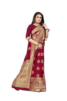 Maroon Woven Cotton Silk Saree With Blouse 4