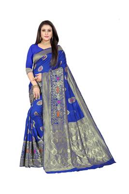 Blue Woven Cotton Silk Saree With Blouse 1