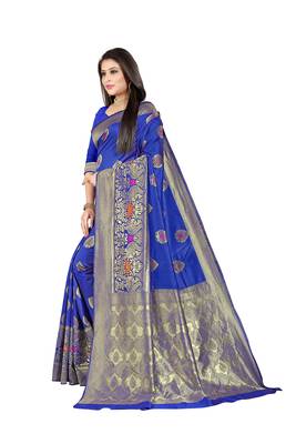 Blue Woven Cotton Silk Saree With Blouse 2