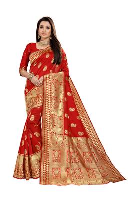 Red Woven Cotton Silk Saree With Blouse 1