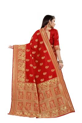 Red Woven Cotton Silk Saree With Blouse 3
