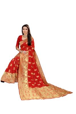 Red Woven Cotton Silk Saree With Blouse 4