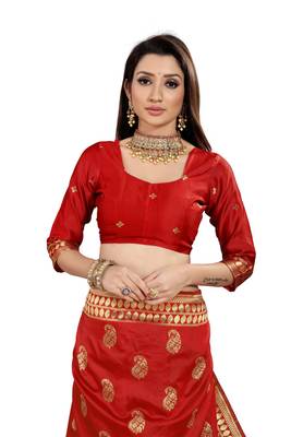 Red Woven Cotton Silk Saree With Blouse 5
