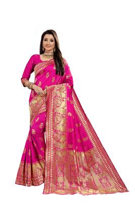 Pink Woven Cotton Silk Saree With Blouse 1